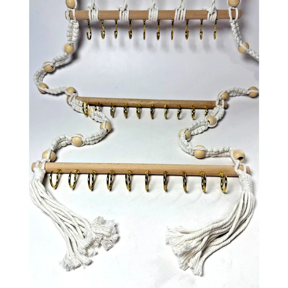 Beaded Macrame Hanging Jewelry Organizer 30-Hook Wall Necklace Bows Holder Boho